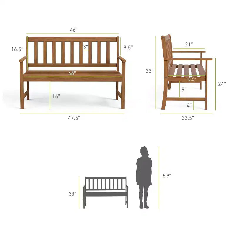 Greemotion Banc de jardin d'extérieur en acacia 120,6 cm Borkum, résistant aux intempéries, style traditionnel, 2 places, marron
