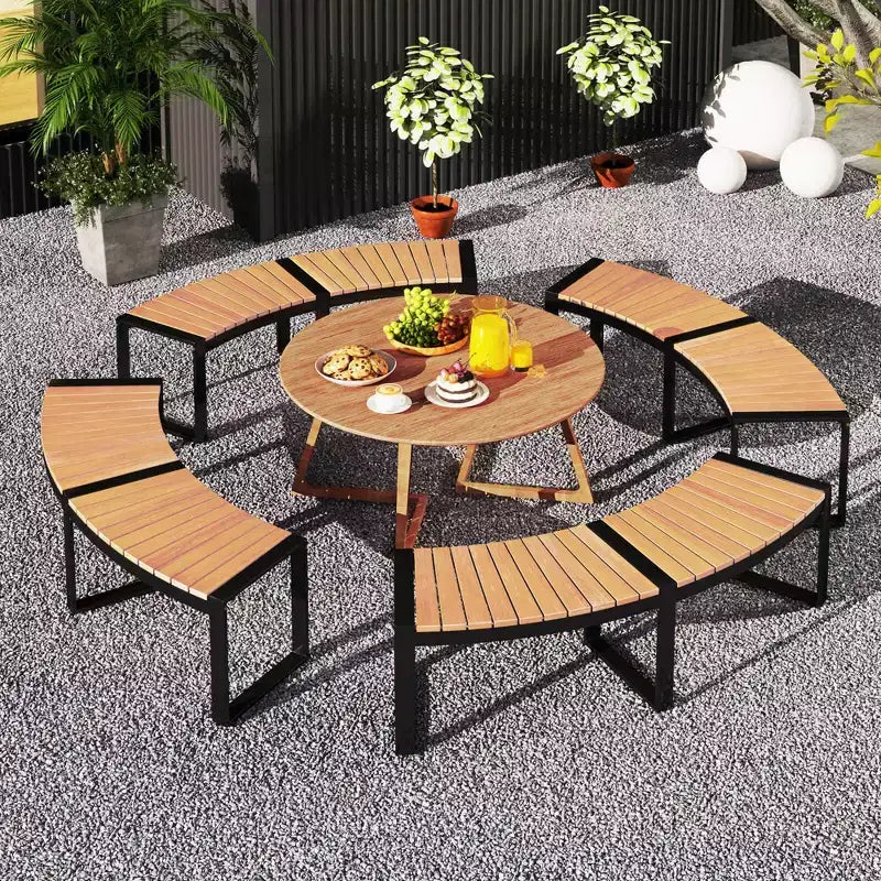 Banc de patio incurvé sans dossier Costway pour 2 personnes avec assise à lattes et pieds en métal peints à l'huile