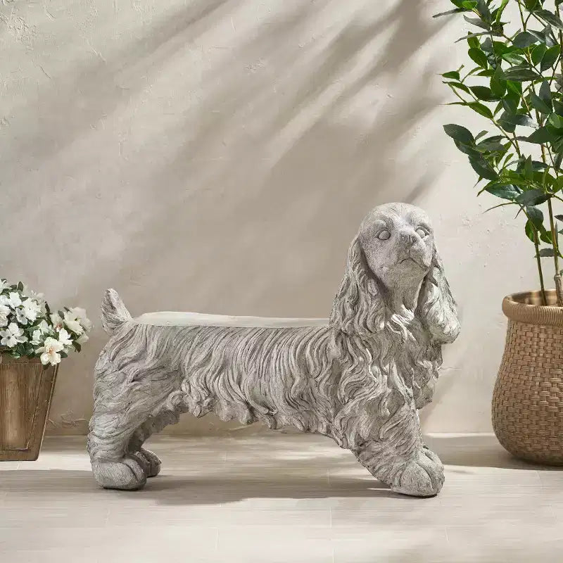Banc Rayshon Cocker Spaniel en béton léger d'extérieur GDFStudio, gris