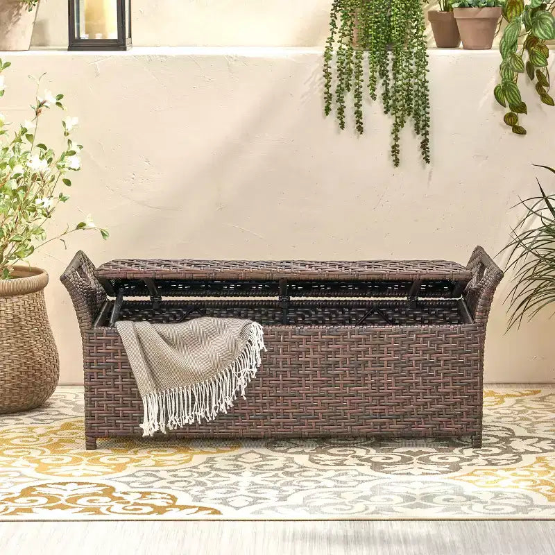 Banc de rangement extérieur en osier GDFStudio Ridgefield avec poignées, Multibrown