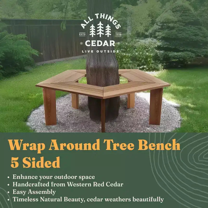 Banc d'arbre en cèdre de 52 pouces All Things Cedar, banc d'extérieur enveloppant à 5 côtés très résistant pour patio, jardin ou cour, Naturel