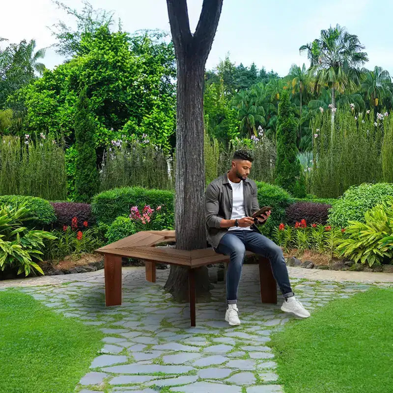 Banc d'arbre en cèdre de 52 pouces All Things Cedar, banc d'extérieur enveloppant à 5 côtés très résistant pour patio, jardin ou cour, Naturel