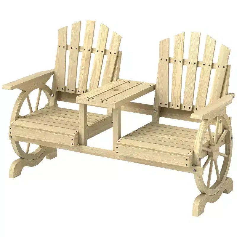 Banc de jardin en bois Outsunny avec table, trou pour parasol, banc d'extérieur 2 places avec roues de chariot, dossier haut, accoudoirs pour jardin, terrasse