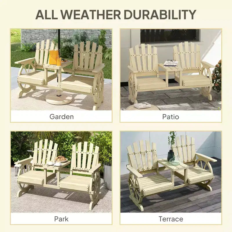 Banc de jardin en bois Outsunny avec table, trou pour parasol, banc d'extérieur 2 places avec roues de chariot, dossier haut, accoudoirs pour jardin, terrasse