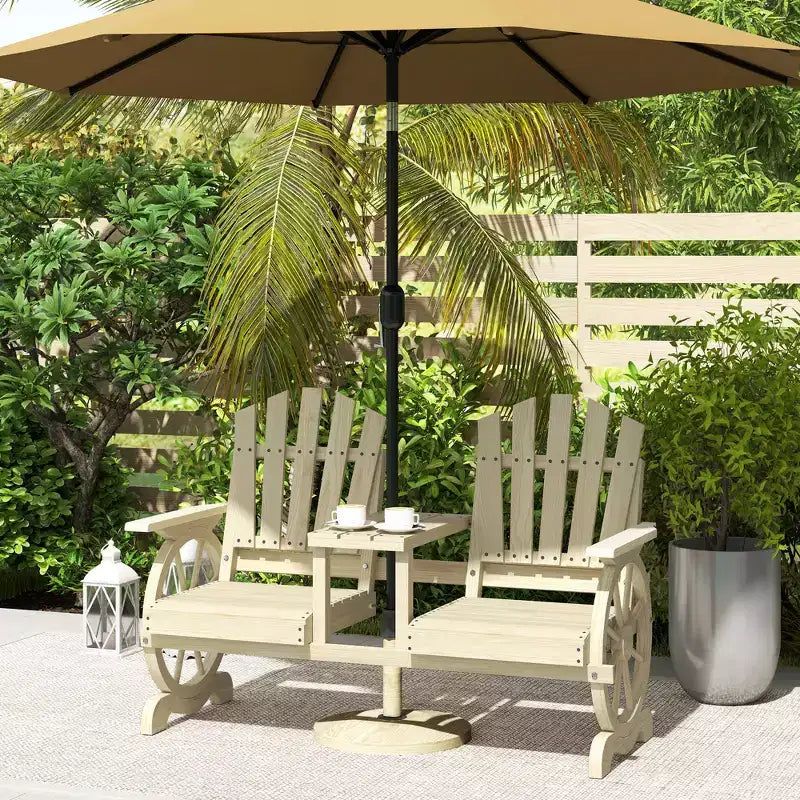 Banc de jardin en bois Outsunny avec table, trou pour parasol, banc d'extérieur 2 places avec roues de chariot, dossier haut, accoudoirs pour jardin, terrasse