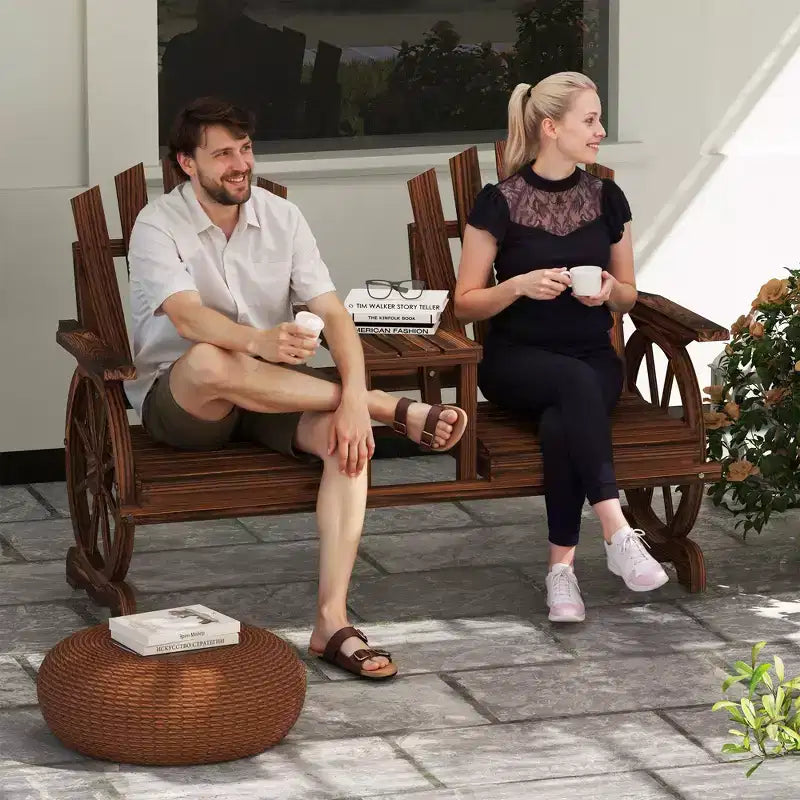 Banc de jardin en bois Outsunny avec table, trou pour parasol, banc d'extérieur 2 places avec roues de chariot, dossier haut, accoudoirs pour jardin, terrasse