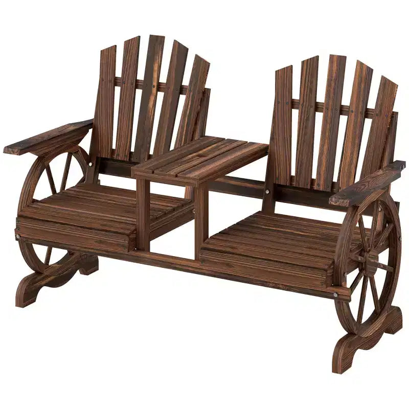 Banc de jardin en bois Outsunny avec table, trou pour parasol, banc d'extérieur 2 places avec roues de chariot, dossier haut, accoudoirs pour jardin, terrasse