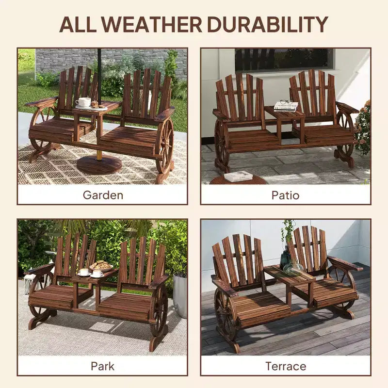 Banc de jardin en bois Outsunny avec table, trou pour parasol, banc d'extérieur 2 places avec roues de chariot, dossier haut, accoudoirs pour jardin, terrasse