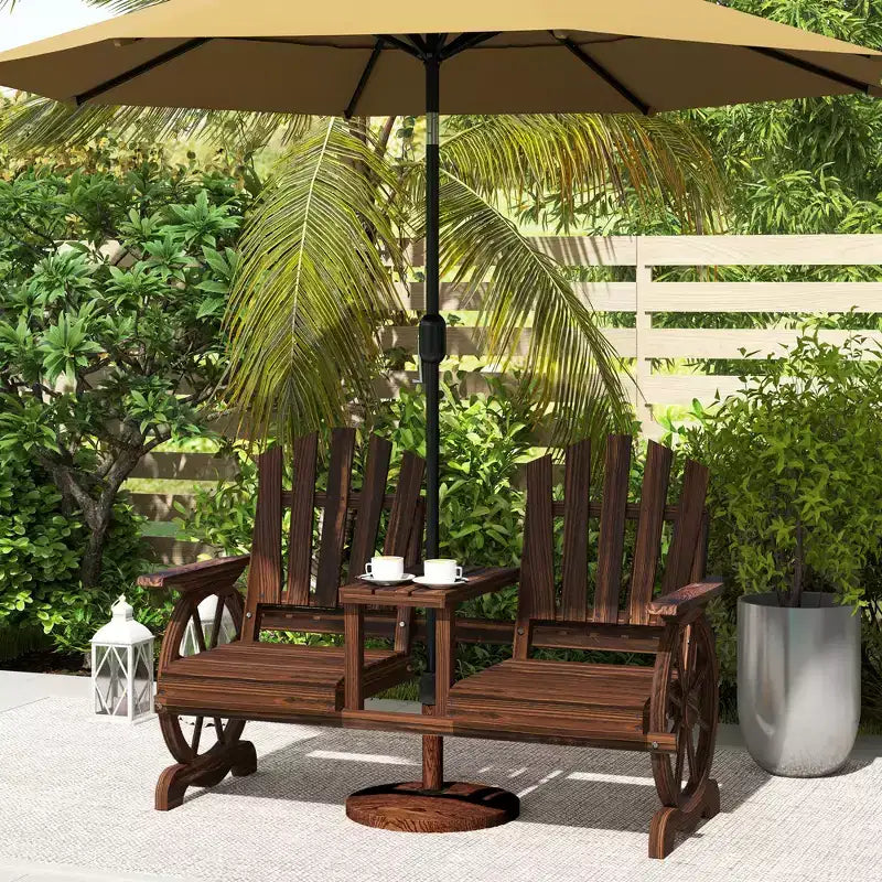 Banc de jardin en bois Outsunny avec table, trou pour parasol, banc d'extérieur 2 places avec roues de chariot, dossier haut, accoudoirs pour jardin, terrasse