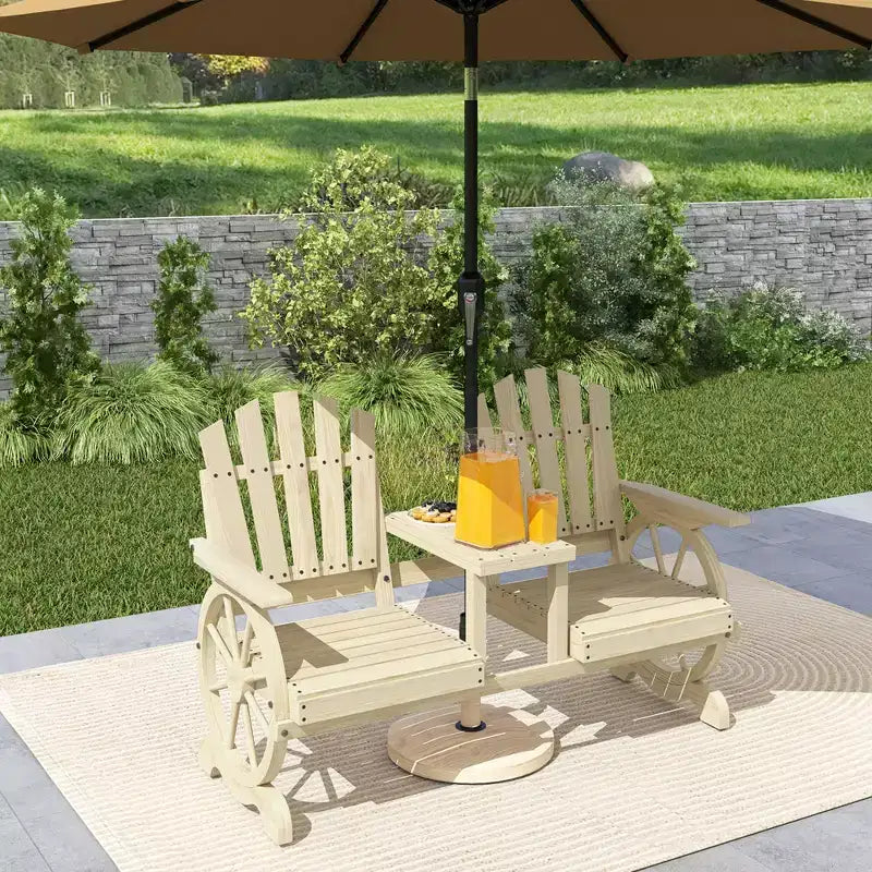 Banc de jardin en bois Outsunny avec table, trou pour parasol, banc d'extérieur 2 places avec roues de chariot, dossier haut, accoudoirs pour jardin, terrasse