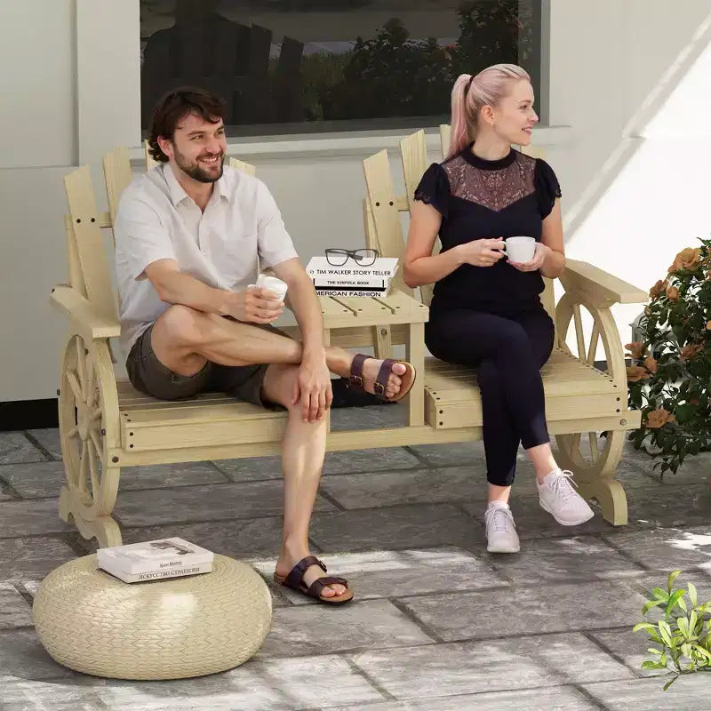 Banc de jardin en bois Outsunny avec table, trou pour parasol, banc d'extérieur 2 places avec roues de chariot, dossier haut, accoudoirs pour jardin, terrasse
