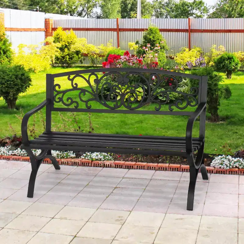 BestMassage Banc de jardin extérieur 127 cm, robuste en métal, causeuse, noir