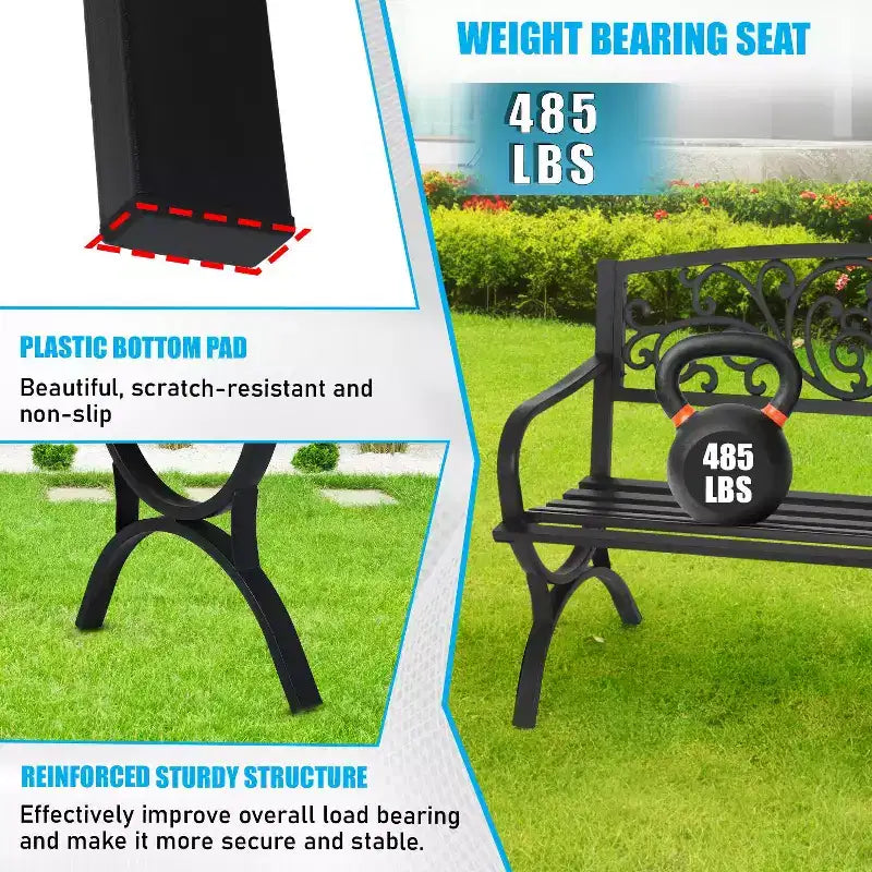 BestMassage Banc de jardin extérieur 127 cm, robuste en métal, causeuse, noir