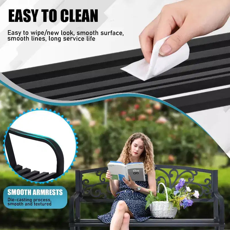 BestMassage Banc de jardin extérieur 127 cm, robuste en métal, causeuse, noir