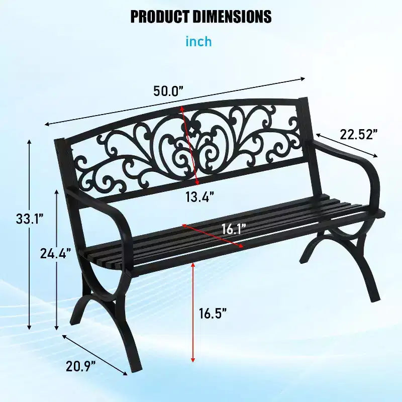 BestMassage Banc de jardin extérieur 127 cm, robuste en métal, causeuse, noir