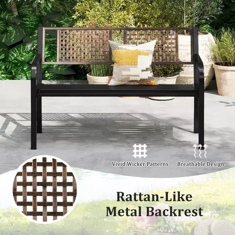 Banc de jardin Costway 50 en métal avec dossier façon rotin et accoudoirs incurvés