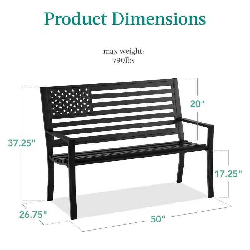 Banc de jardin en acier d'intérieur/extérieur Best Choice Products avec dossier drapeau américain, capacité de 358 kg