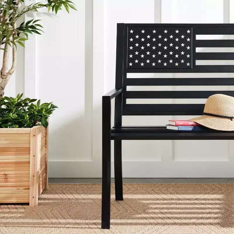 Banc de jardin en acier d'intérieur/extérieur Best Choice Products avec dossier drapeau américain, capacité de 358 kg