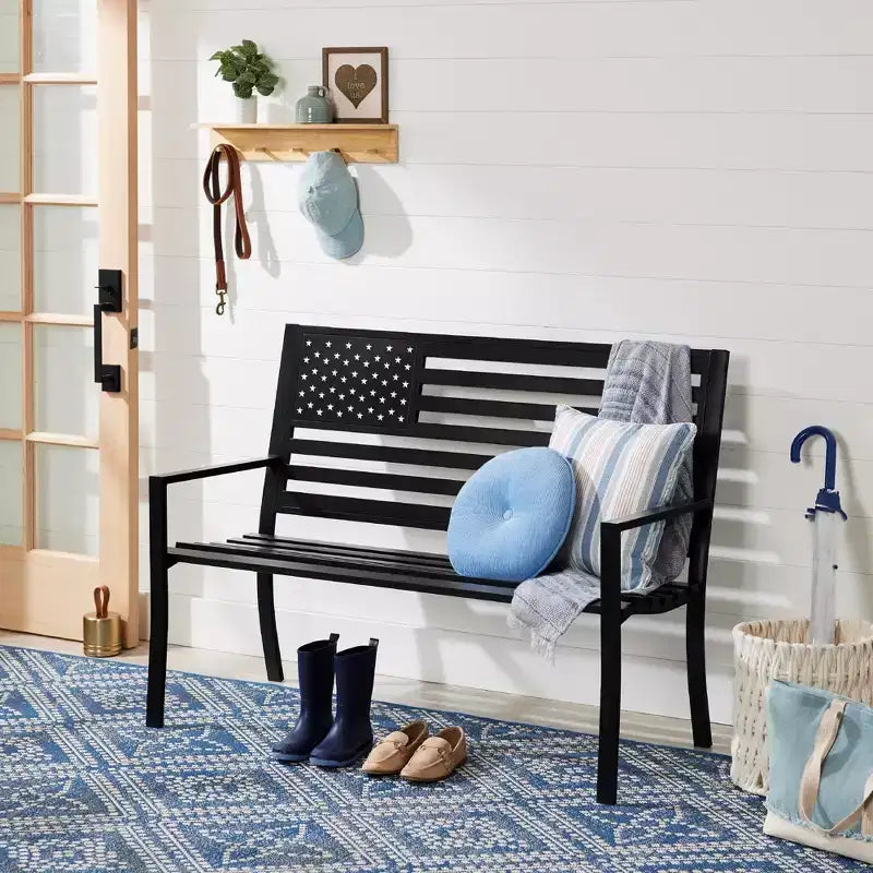 Banc de jardin en acier d'intérieur/extérieur Best Choice Products avec dossier drapeau américain, capacité de 358 kg