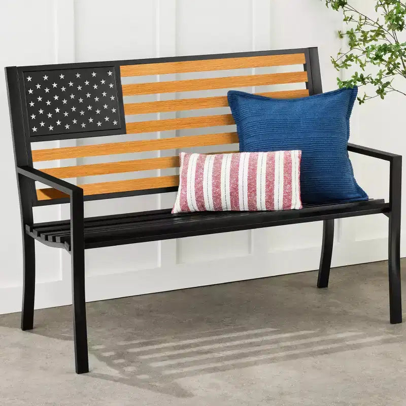 Banc de jardin en acier d'intérieur/extérieur Best Choice Products avec dossier drapeau américain, capacité de 358 kg