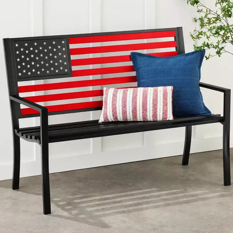 Banc de jardin en acier d'intérieur/extérieur Best Choice Products avec dossier drapeau américain, capacité de 358 kg