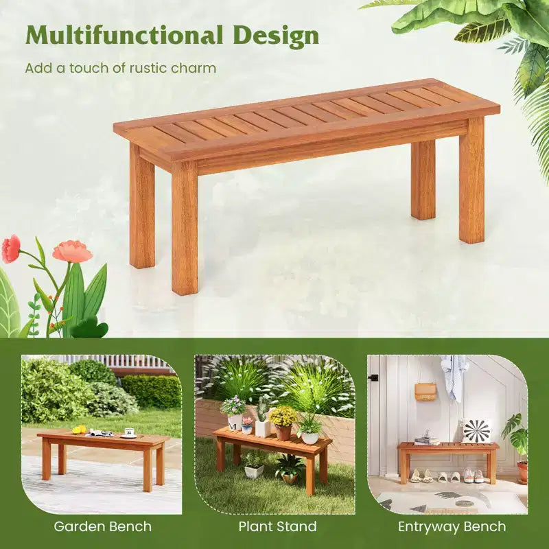 Banc d'extérieur sans dossier 2 places Costway 1/2 PIÈCES avec assise à lattes Banc d'entrée rustique en bois