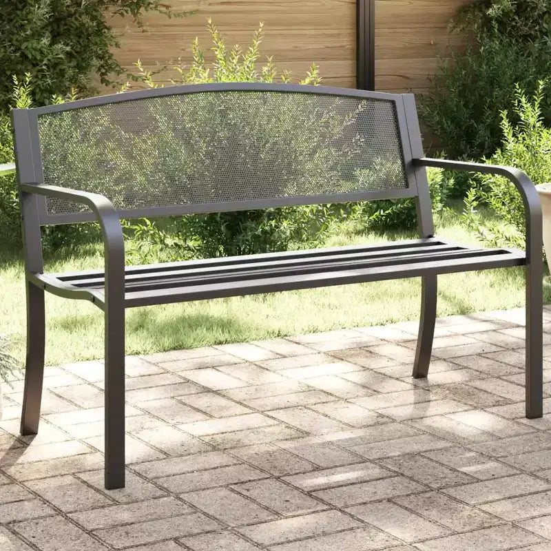 vidaXL Banc de jardin noir en acier – Assise confortable pour patio avec accoudoirs, dossier et finition thermolaquée, idéal pour l'arrière-cour/patio