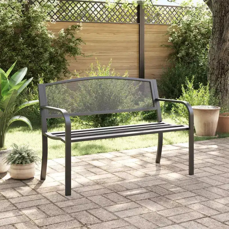 vidaXL Banc de jardin noir en acier – Assise confortable pour patio avec accoudoirs, dossier et finition thermolaquée, idéal pour l'arrière-cour/patio