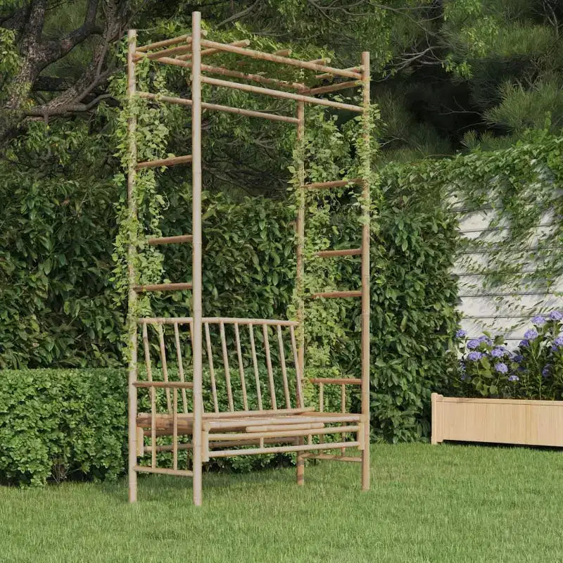 vidaXL Banc de jardin/terrasse en bambou avec pergola/treillis – Siège extérieur pour plantes grimpantes – 116 x 52 x 220 cm – Marron rustique