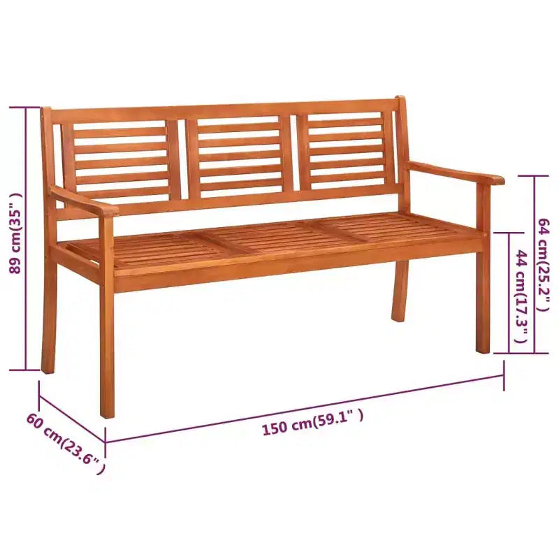 Banc de jardin à trois places vidaXL, assise coussinée, bois d'eucalyptus massif naturel, surface huilée facile à nettoyer, parfait pour l'extérieur