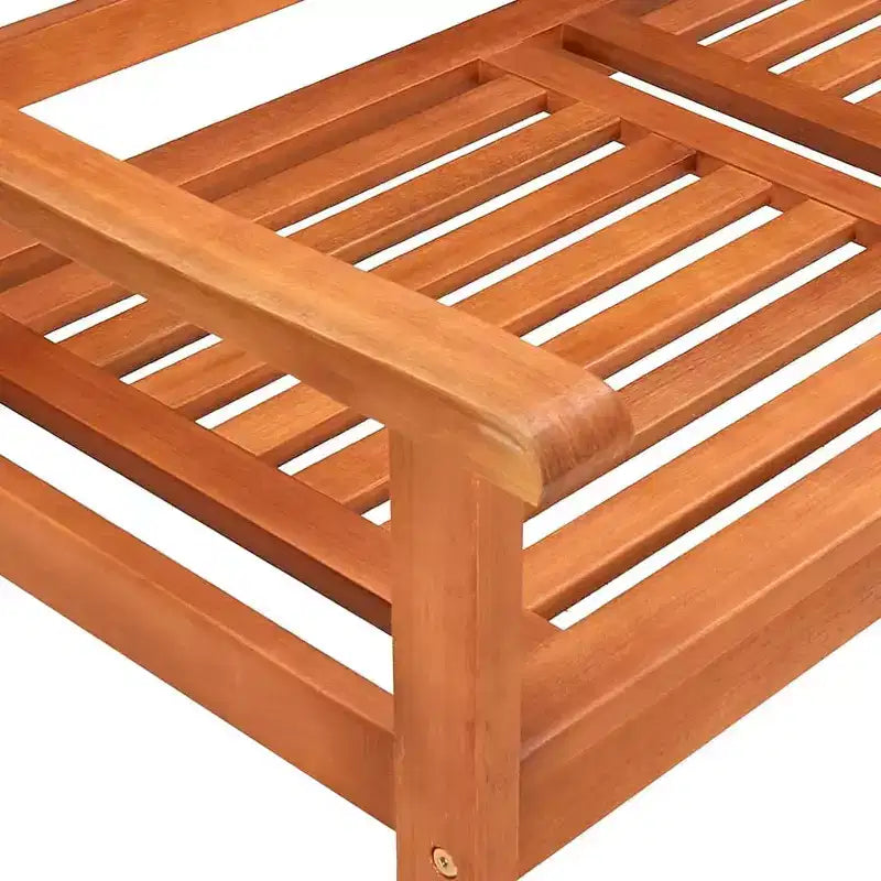 Banc de jardin à trois places vidaXL, assise coussinée, bois d'eucalyptus massif naturel, surface huilée facile à nettoyer, parfait pour l'extérieur