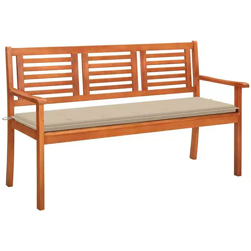 vidaXL Banc de jardin 3 places en bois d'eucalyptus massif avec coussin beige - Siège extérieur de style rustique pour jardin, terrasse ou patio