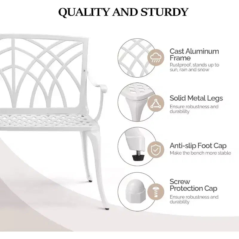 VINGLI Banc d'extérieur 38 en aluminium coulé, banc de jardin Blanc Orchidée, banc de porche pour 1 à 2 personnes