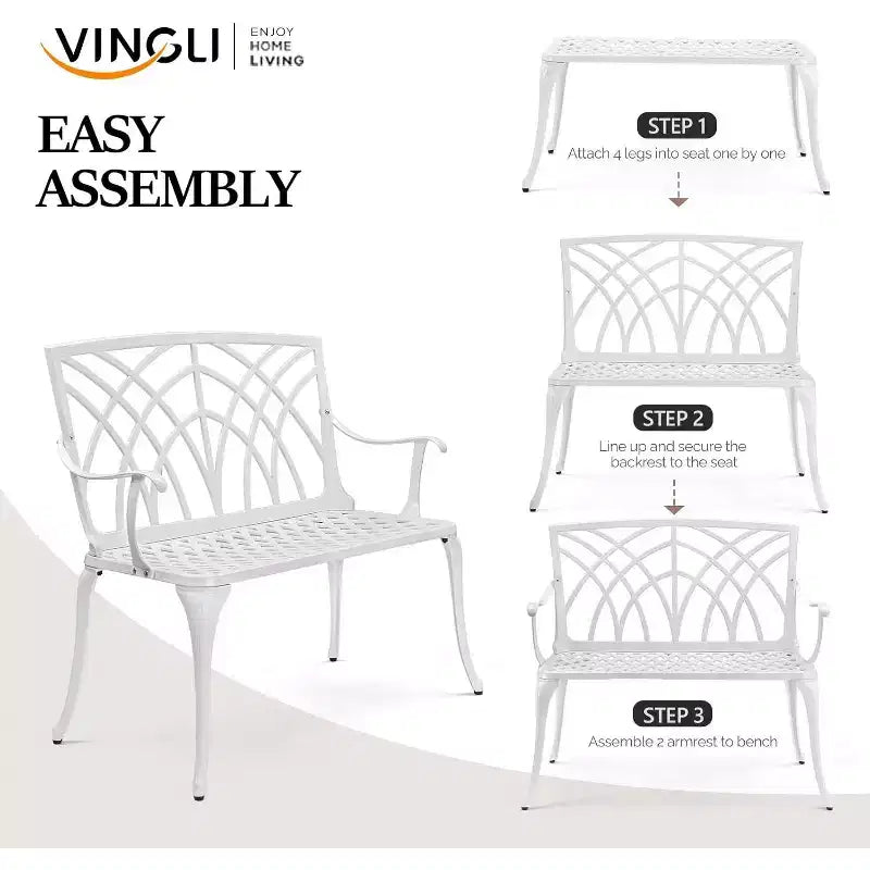 VINGLI Banc d'extérieur 38 en aluminium coulé, banc de jardin Blanc Orchidée, banc de porche pour 1 à 2 personnes