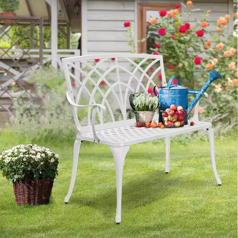VINGLI Banc d'extérieur 38 en aluminium coulé, banc de jardin Blanc Orchidée, banc de porche pour 1 à 2 personnes
