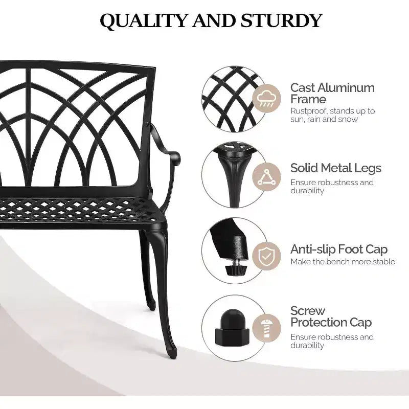 VINGLI Banc d'extérieur en métal 38, banc de jardin noir en aluminium moulé pour 1-2 personnes, banc de patio orchidée résistant aux intempéries, petit meuble de terrasse