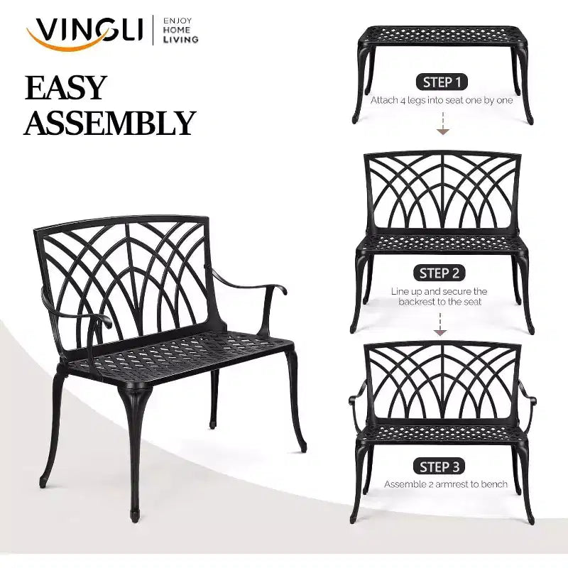 VINGLI Banc d'extérieur en métal 38, banc de jardin noir en aluminium moulé pour 1-2 personnes, banc de patio orchidée résistant aux intempéries, petit meuble de terrasse
