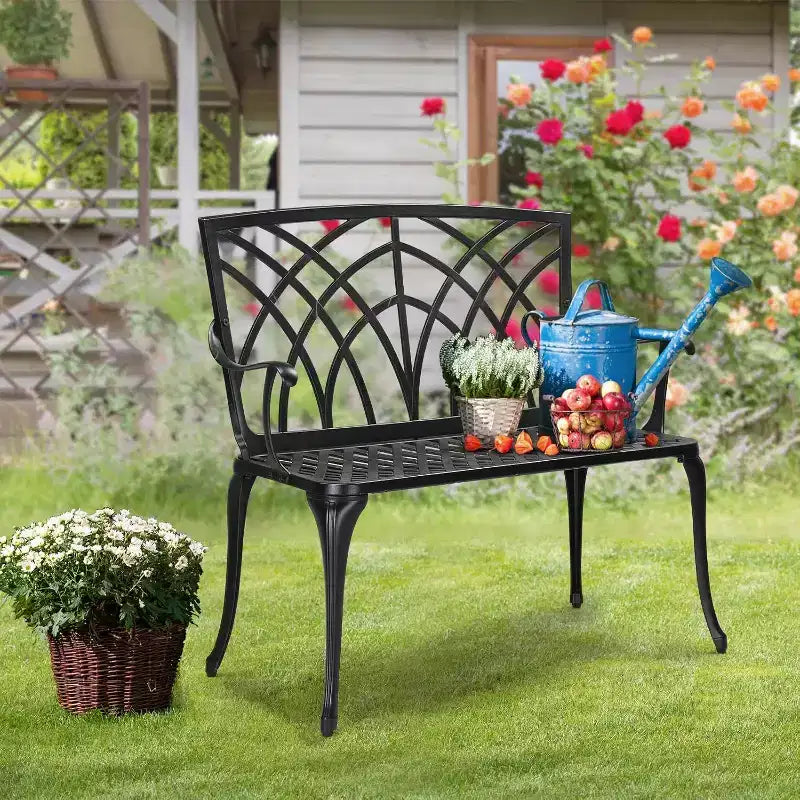 VINGLI Banc d'extérieur en métal 38, banc de jardin noir en aluminium moulé pour 1-2 personnes, banc de patio orchidée résistant aux intempéries, petit meuble de terrasse