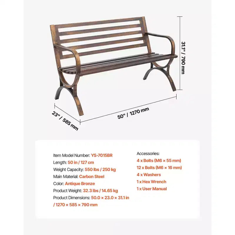 Banc d'extérieur VEVOR, 127 cm, cadre en acier au carbone avec dossier à lattes et accoudoirs à bords arrondis, résistant aux intempéries, bronze antique