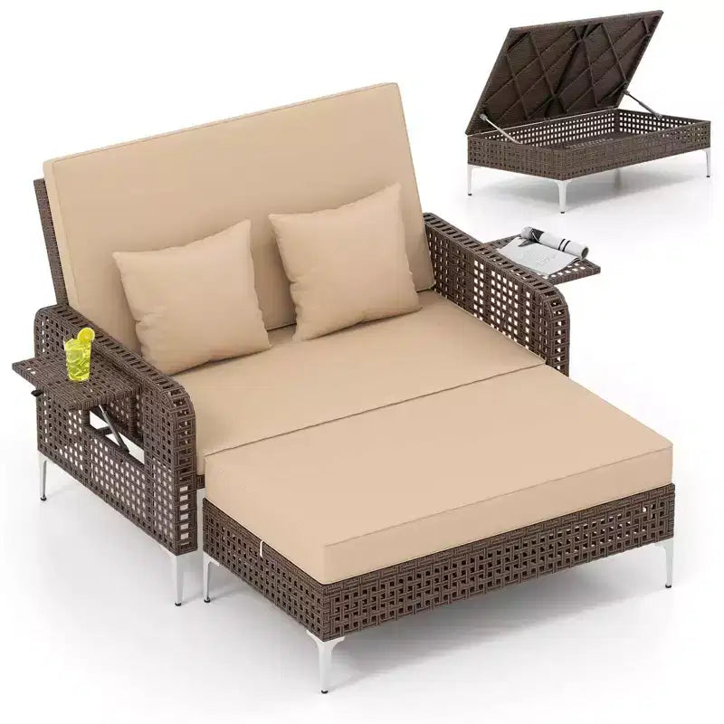 Costway Ensemble 2 Meubles : Canapé Rotin 2 Places & Pouf de Rangement avec Dossier Inclinable 4 Niveaux & Coussin Doux Marron/Bleu Marine