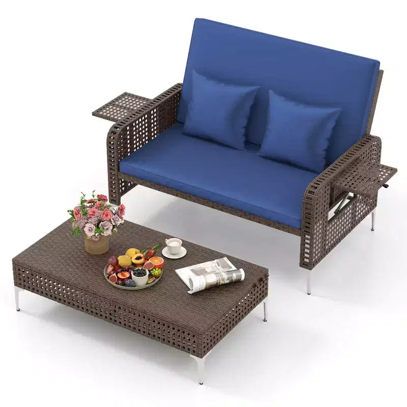 Costway Ensemble 2 Meubles : Canapé Rotin 2 Places & Pouf de Rangement avec Dossier Inclinable 4 Niveaux & Coussin Doux Marron/Bleu Marine