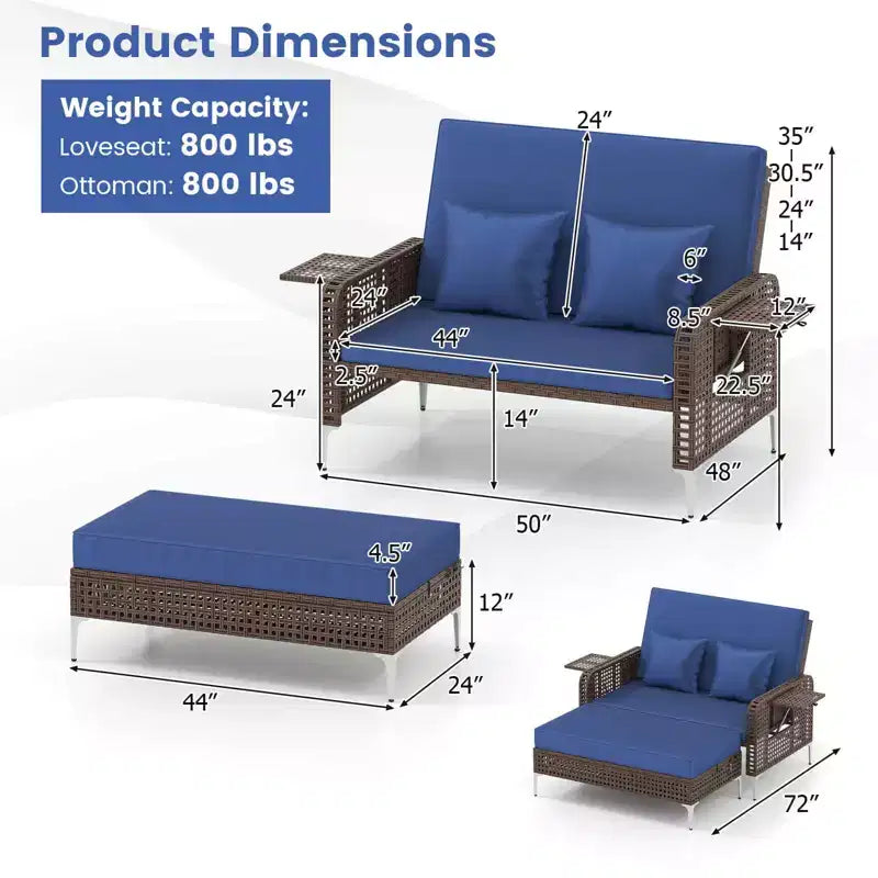 Costway Ensemble 2 Meubles : Canapé Rotin 2 Places & Pouf de Rangement avec Dossier Inclinable 4 Niveaux & Coussin Doux Marron/Bleu Marine