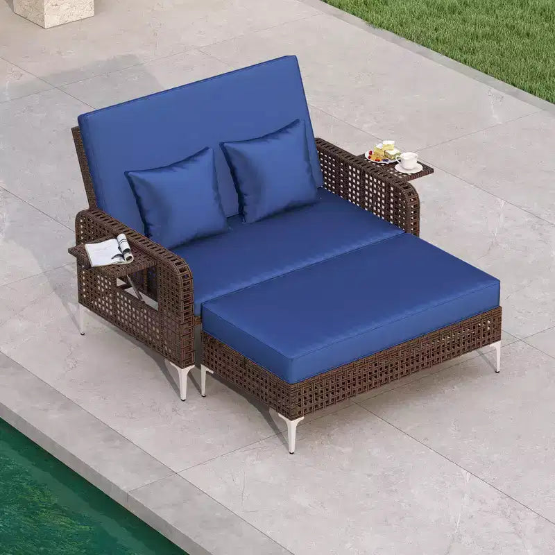 Costway Ensemble 2 Meubles : Canapé Rotin 2 Places & Pouf de Rangement avec Dossier Inclinable 4 Niveaux & Coussin Doux Marron/Bleu Marine