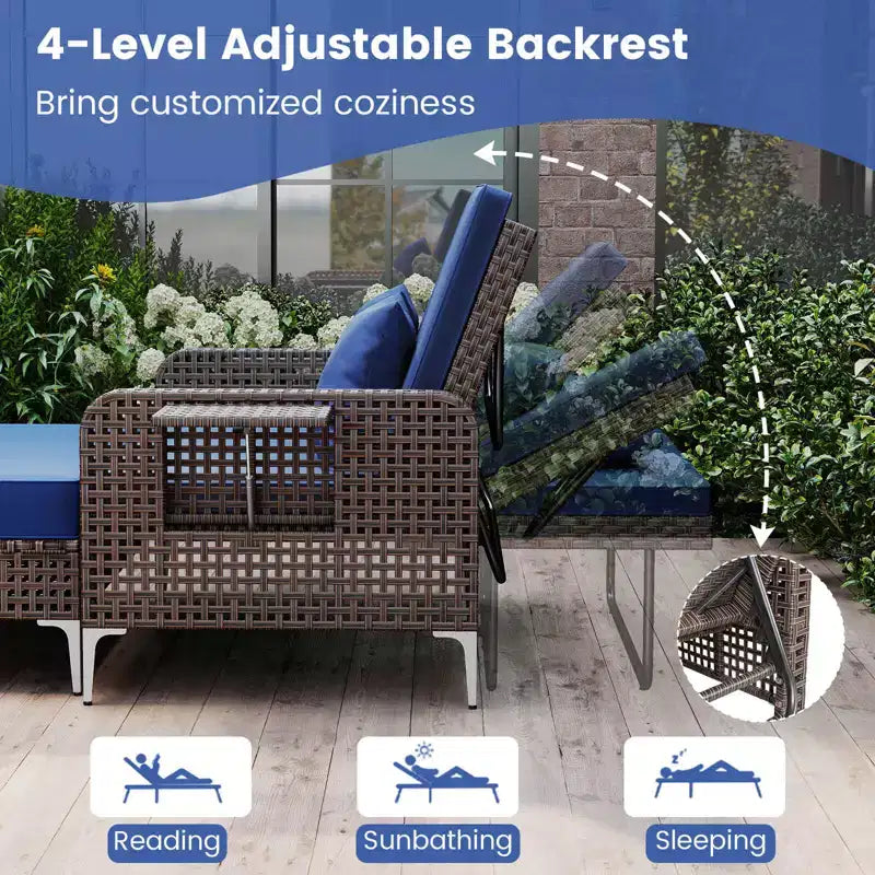 Costway Ensemble 2 Meubles : Canapé Rotin 2 Places & Pouf de Rangement avec Dossier Inclinable 4 Niveaux & Coussin Doux Marron/Bleu Marine