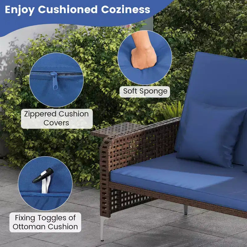Costway Ensemble 2 Meubles : Canapé Rotin 2 Places & Pouf de Rangement avec Dossier Inclinable 4 Niveaux & Coussin Doux Marron/Bleu Marine