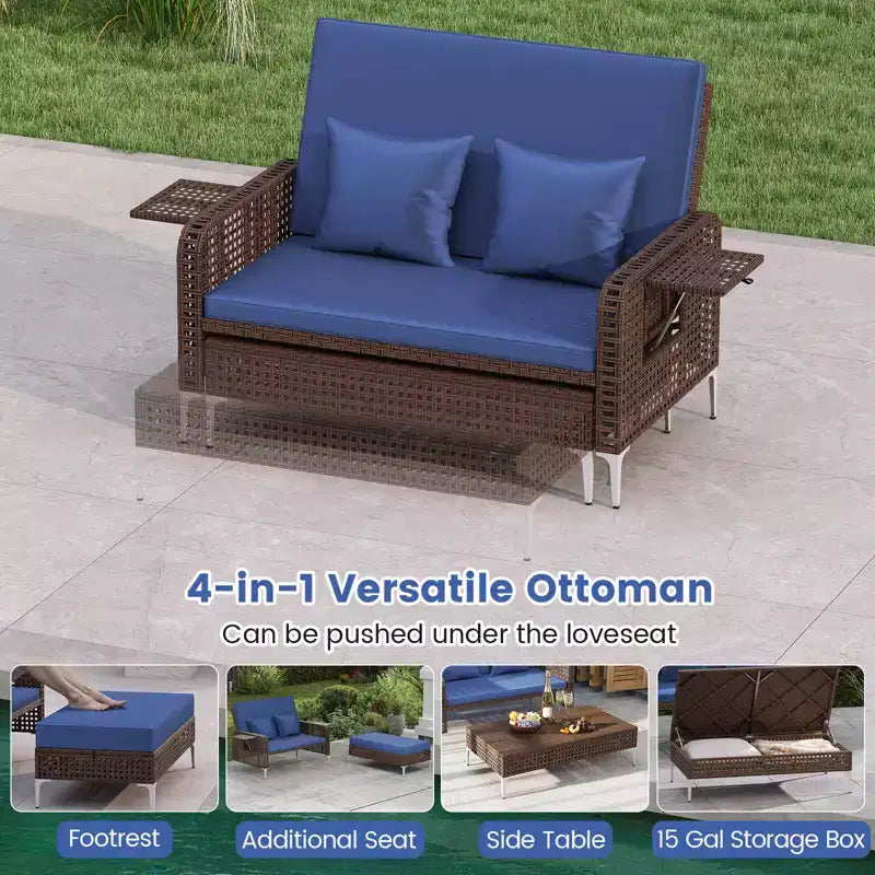 Costway Ensemble 2 Meubles : Canapé Rotin 2 Places & Pouf de Rangement avec Dossier Inclinable 4 Niveaux & Coussin Doux Marron/Bleu Marine