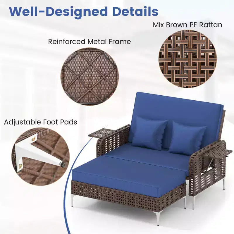 Costway Ensemble 2 Meubles : Canapé Rotin 2 Places & Pouf de Rangement avec Dossier Inclinable 4 Niveaux & Coussin Doux Marron/Bleu Marine