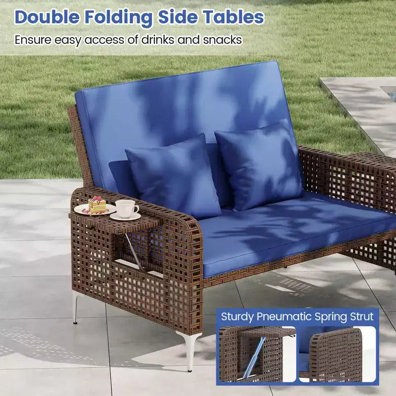 Costway Ensemble 2 Meubles : Canapé Rotin 2 Places & Pouf de Rangement avec Dossier Inclinable 4 Niveaux & Coussin Doux Marron/Bleu Marine