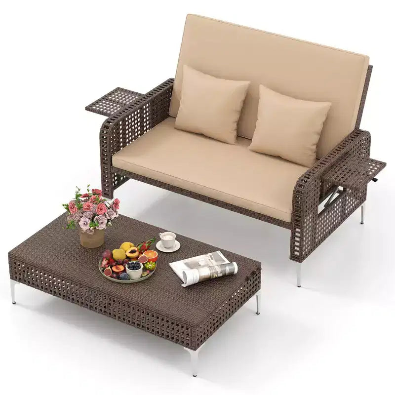 Costway Ensemble 2 Meubles : Canapé Rotin 2 Places & Pouf de Rangement avec Dossier Inclinable 4 Niveaux & Coussin Doux Marron/Bleu Marine
