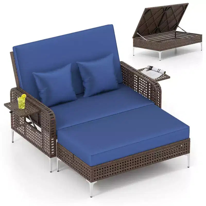 Costway Ensemble 2 Meubles : Canapé Rotin 2 Places & Pouf de Rangement avec Dossier Inclinable 4 Niveaux & Coussin Doux Marron/Bleu Marine